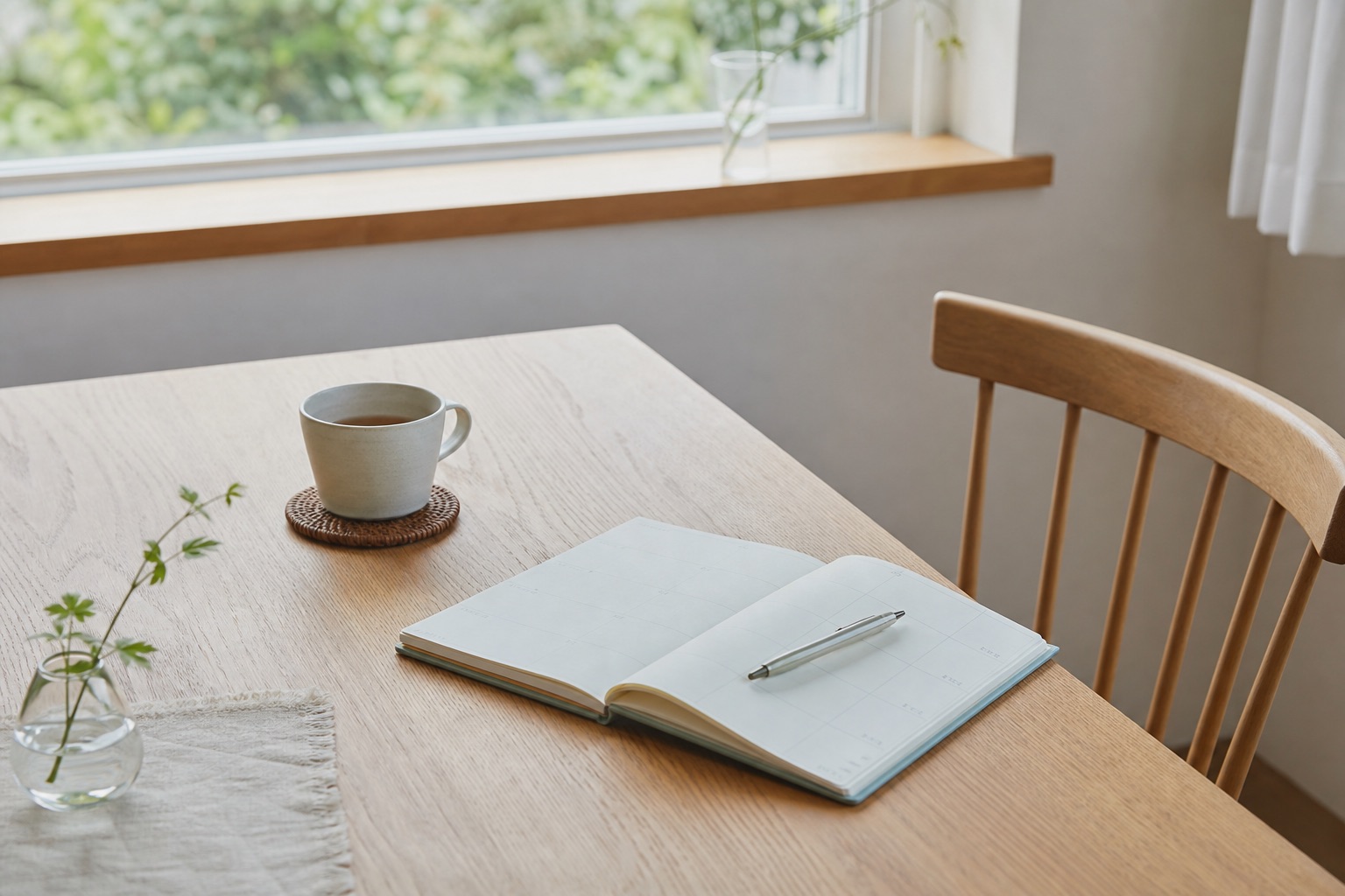 机の上に開かれた手帳とお茶