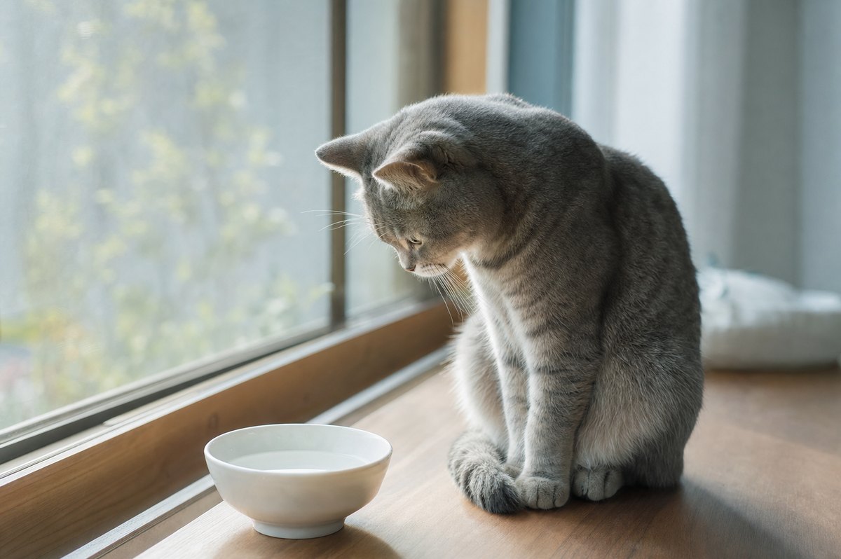 窓辺の器の水をのぞき込む猫ちゃん