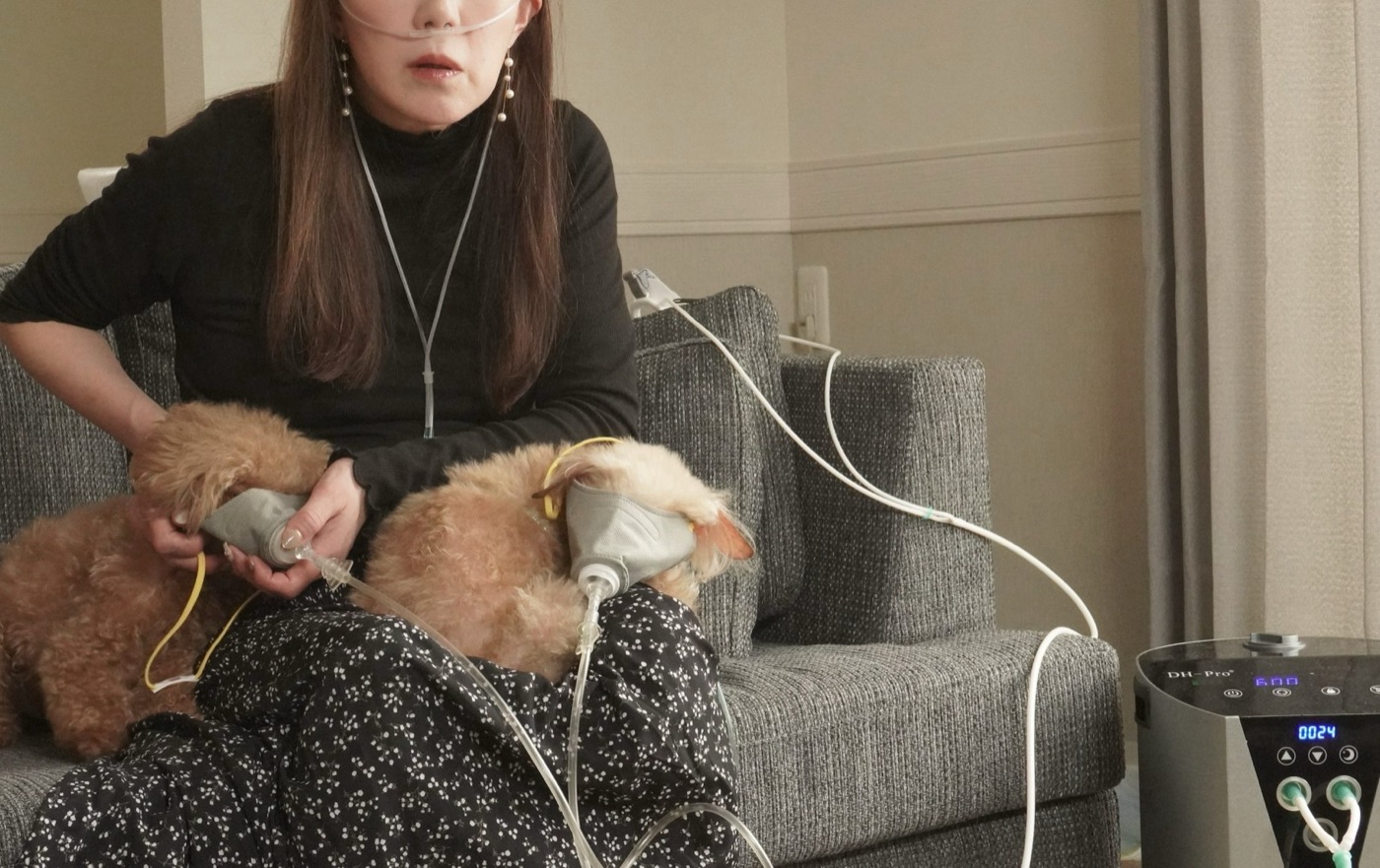 ソファで、飼い主さんはチューブ、2匹のワンちゃんはマスクで、据置型DH-Proの水素をいっしょに吸っている